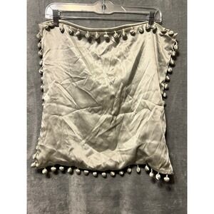 Ann Gish Satin Ball Fringe Decorative Pillow Cover Sage Silver 18x18 Square Sham